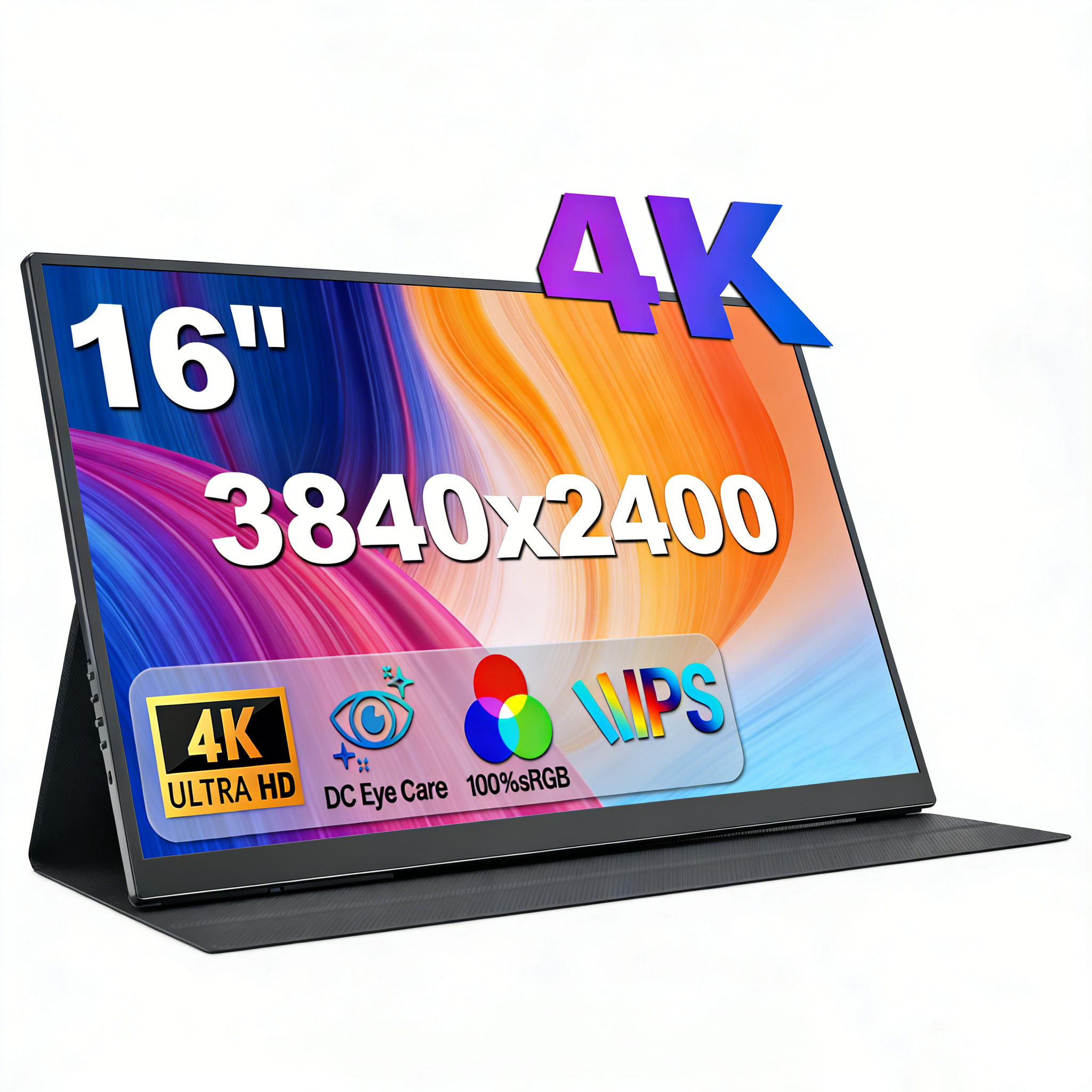 16インチ 4K UHD ポータブルモニター、3840x2400 IPS スクリーン、100% sRGB 16:10 比率、DC アイケア、ラップトップ、Mac、スイッチ用外部ディスプレイ