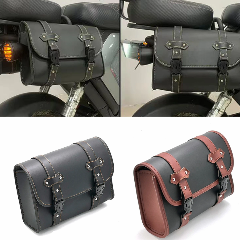 オートバイバッグサドルバッグ Pu レザーフロントフォークテールサドルバッグ荷物ハーレーチョッパーボバークルーザースポーツスター XL 883 1200