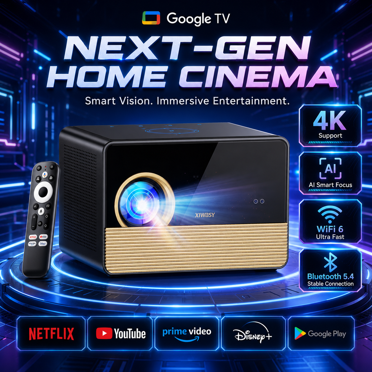 XIWBSY X06 Google TV プロジェクター TV スティック 3600 ANSI ネイティブ 1080P 4K サポート TOF オートフォーカス WiFi6 BT5.4 ホームシアター