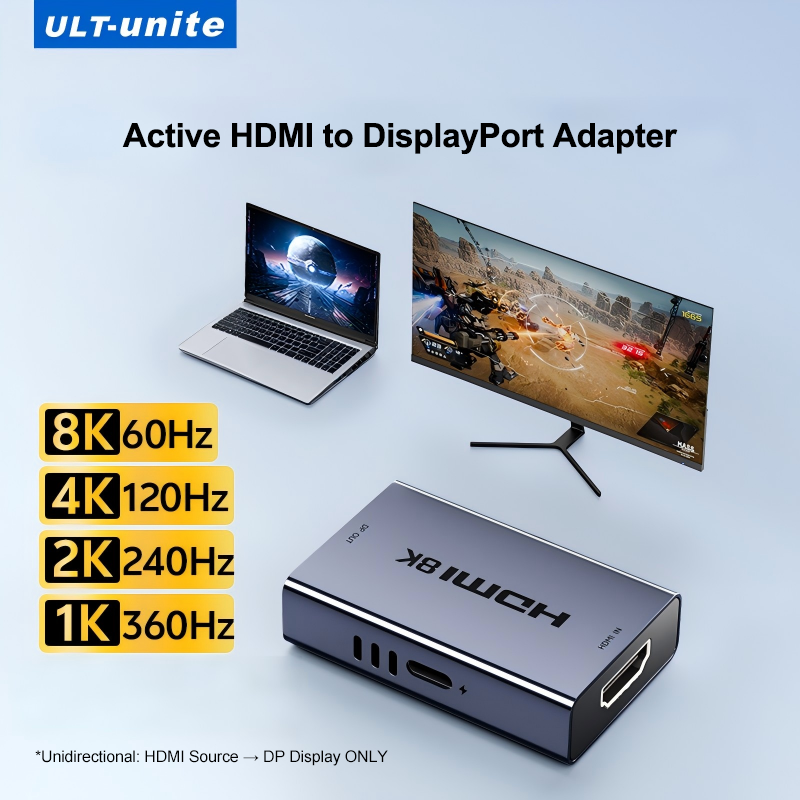 アクティブ HDMI - DP アダプター、8K 60Hz 4K 144Hz 1080P 360Hz、USB-C 電源、G-Sync VRR、PS5 Xbox PC モニター用 HDMI - DP コンバーター