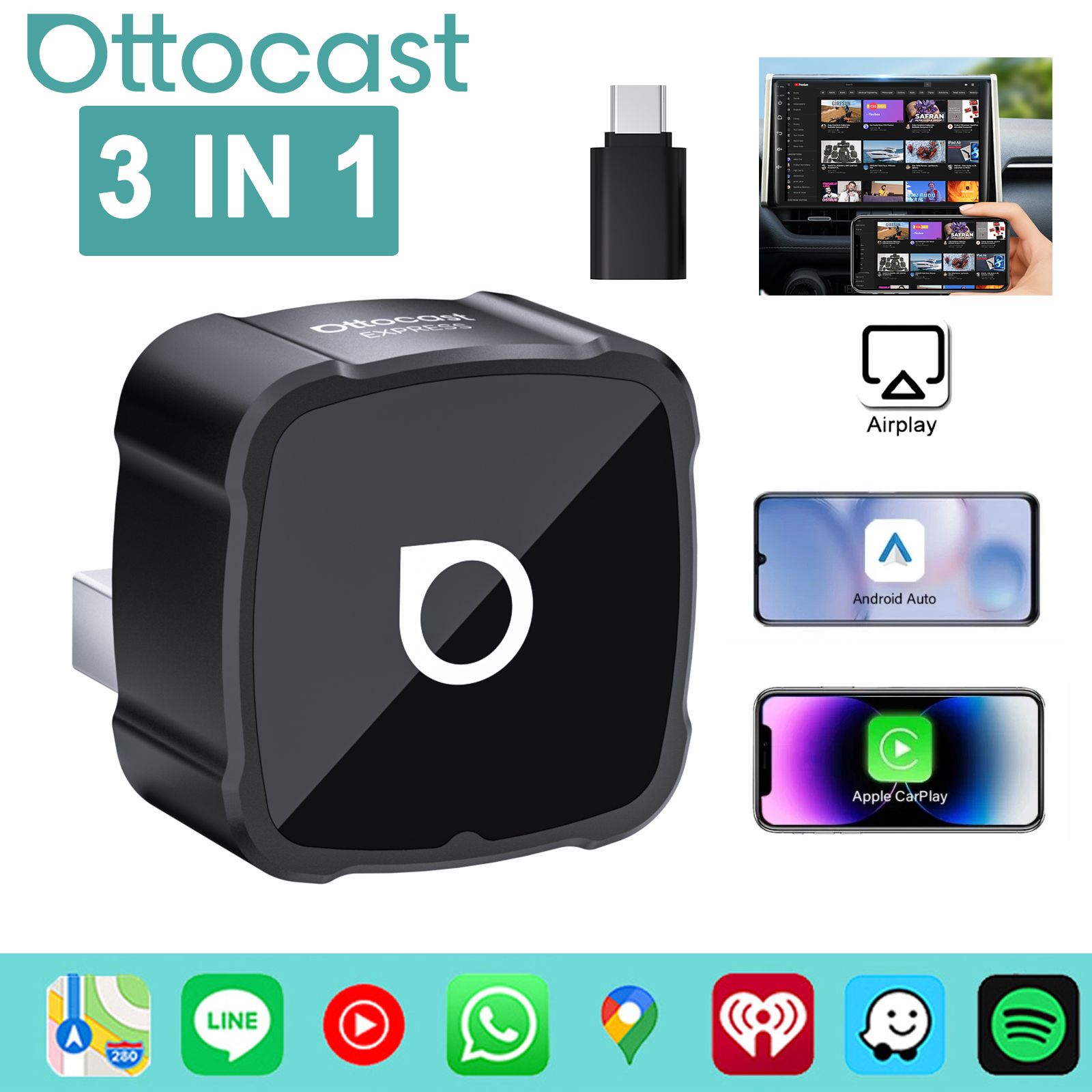OTTOCAST ミニエアキューブ 4.0 ワイヤレス CarPlay Android 自動アダプタ 3 で 1 ドングル Airplay 画面ミラーリングドングルカーアクセサリー