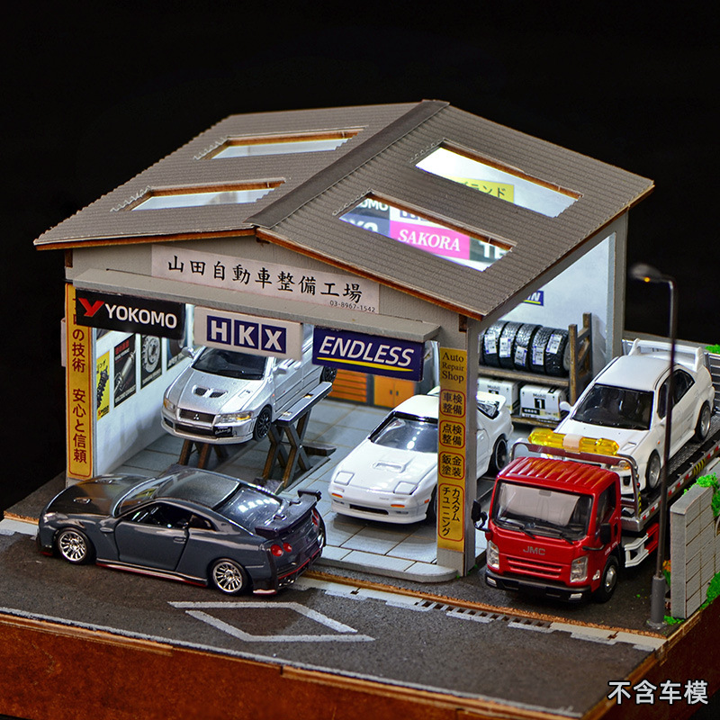 1:64 スケール DIY 自動車修理工場ジオラマキット LED ライト付き、モデルカーディスプレイ用ミニチュアガレージワークショップ