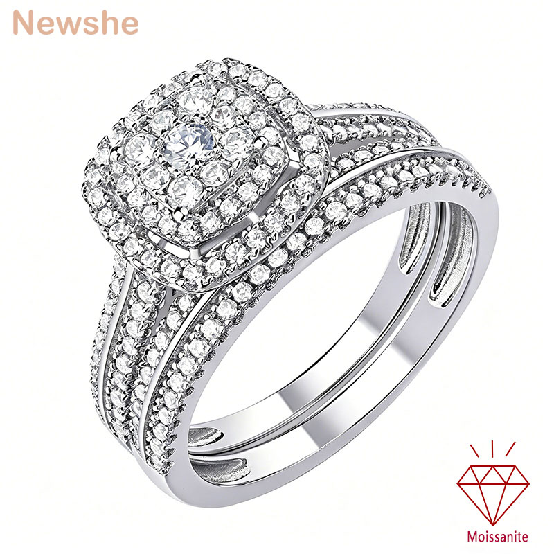 Newshe 2 個モアッサナイト結婚指輪セット女性用ホワイトゴールドメッキハローラウンドカット婚約ブライダルリング