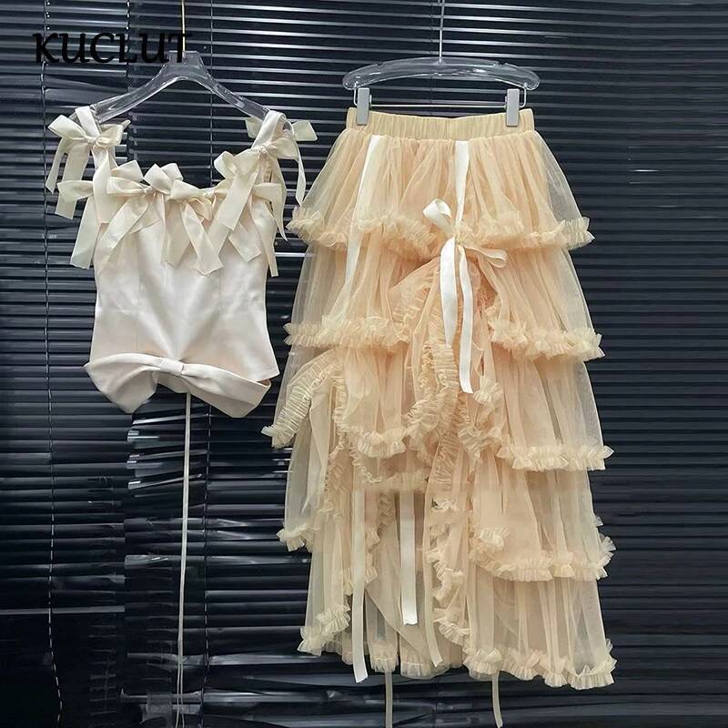 KUCLUT 2026 夏の新しいビーチ休暇スタイル弓デザインノースリーブタンクトップ女性のための弾性ウエストミッドレングススカート 1A3138
