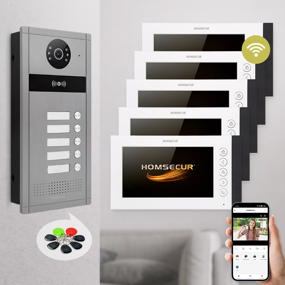 HOMSECUR 4 ワイヤー 7 インチ WIFI ビデオドア電話コールインターホン 1 ボタンロック解除 5 家族用
