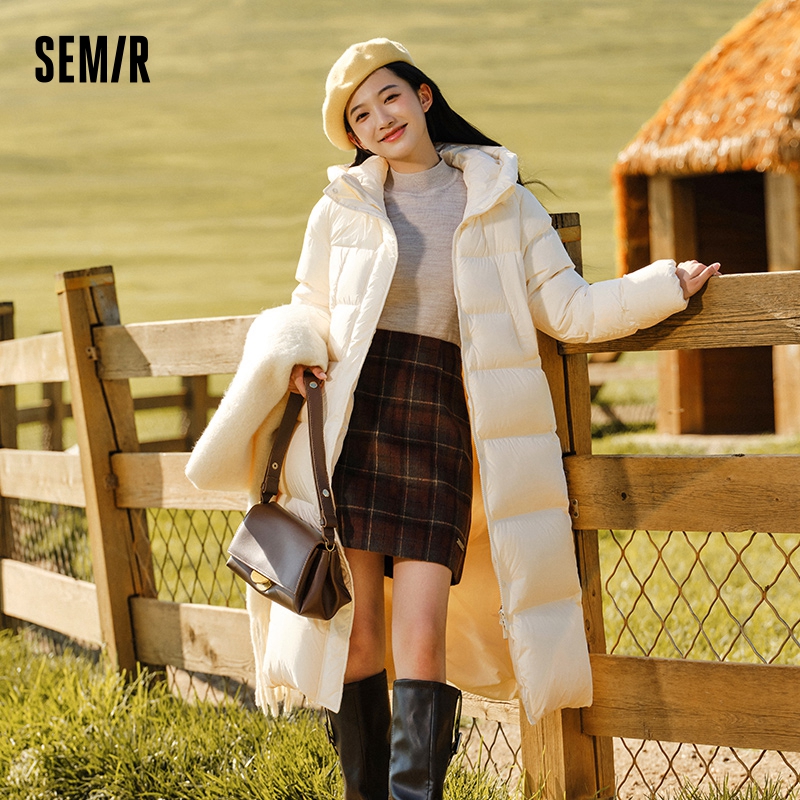 Semir ダウンジャケット女性ロング丈防水コート 2025 ファッション冬の新ルーズフード付きコートシンプルなダウンジャケット女性