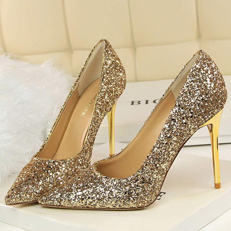 女性 7 センチメートル 9.5 センチメートルハイヒールパンプス結婚式ブライダル Scarpins キラキラミッドヒールレディパーティースパンコールグリッターイブニングゴールドシルバー靴