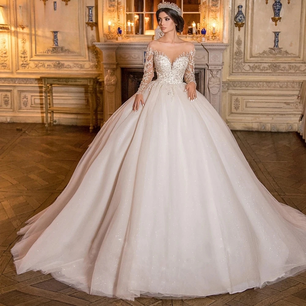 ゴージャスなウェディングドレスブライダルドレスレースアップリケフルスリーブローブAライングラマラスプリンセスVestidosデノビアカスタマイズ