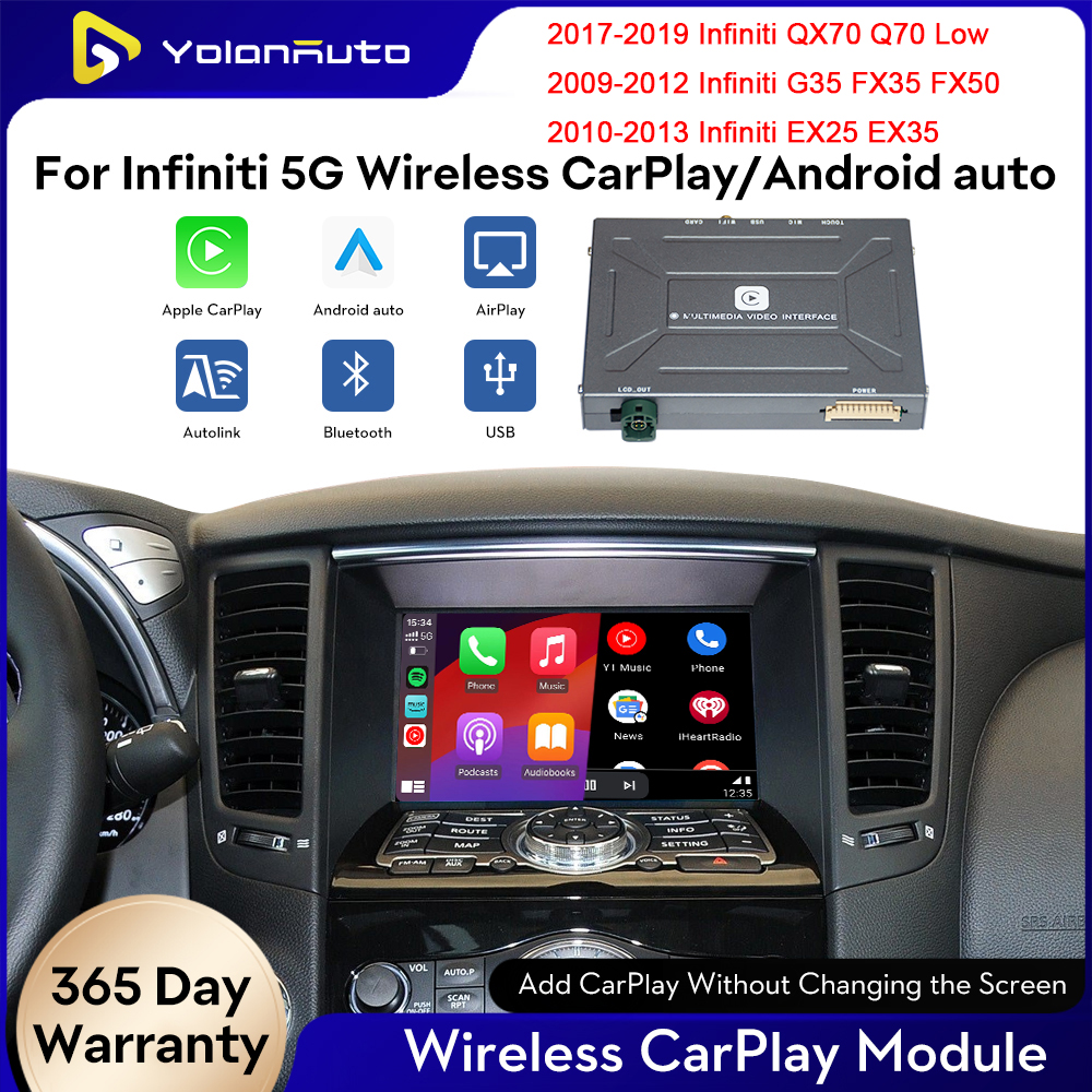 YolanAuto ワイヤレス Carplay Android Auto インフィニティ 2010-2019 QX70 Q70 G35 FX35 FX50 EX25 EX3 GPS ナビゲーション Mirror-LinYouTube
