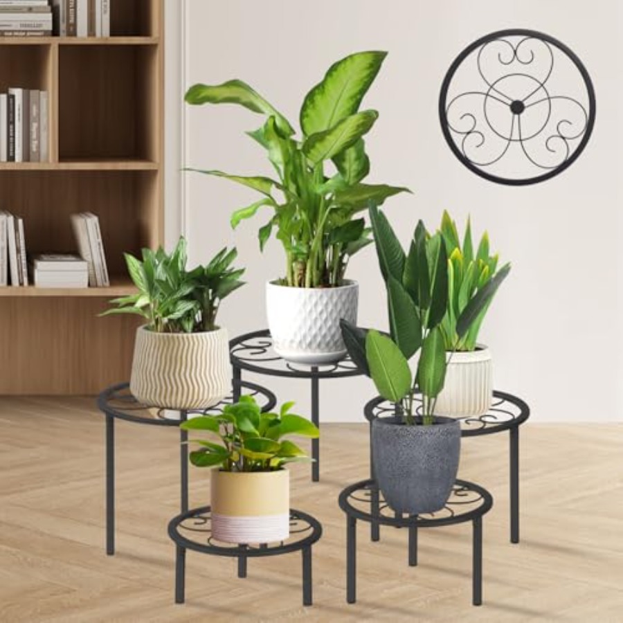金属製植物鉢植えフラワーラックの5点セット、さまざまなサイズの頑丈な植木鉢植物ラック、適切な鉄製フラワーラック