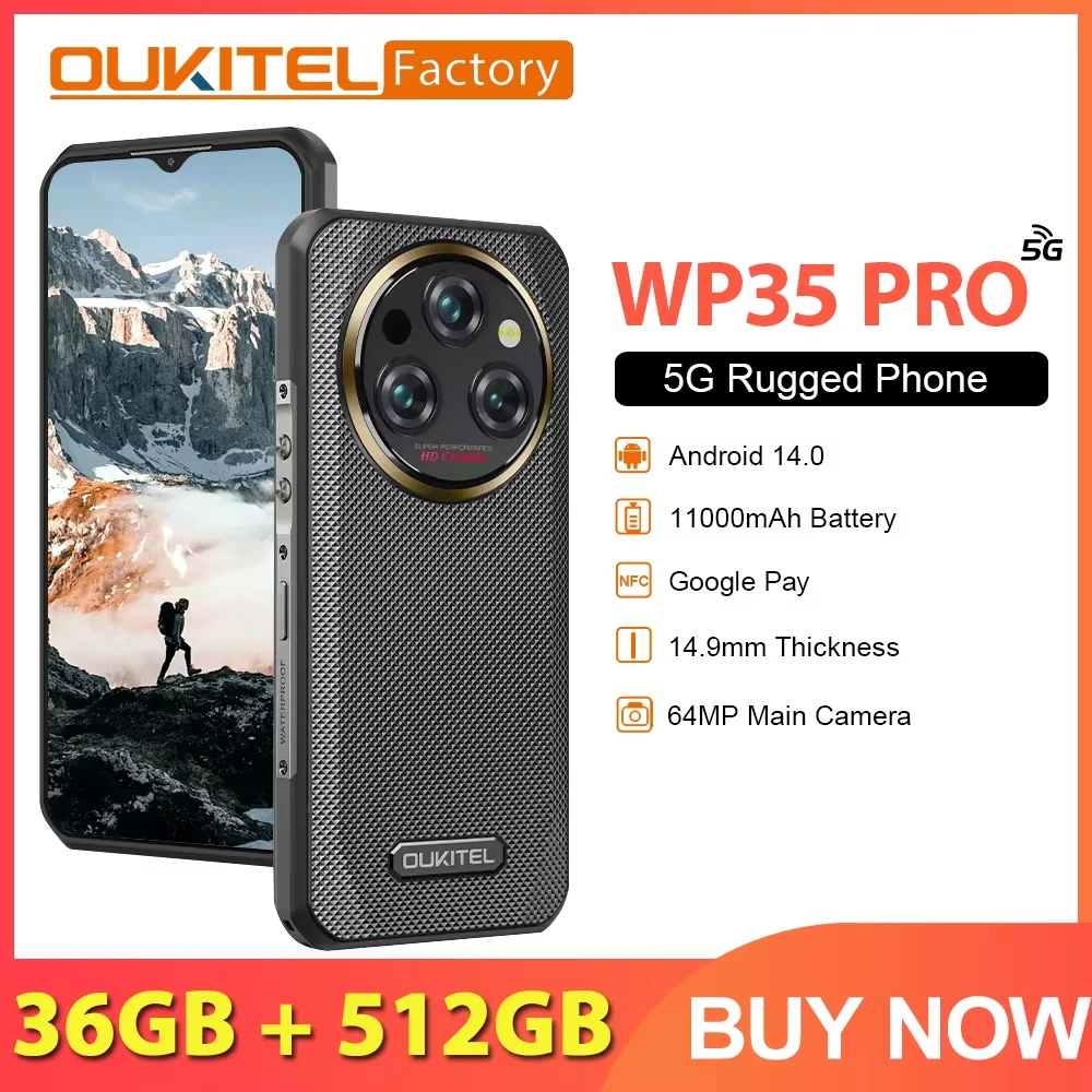 Oukitel WP35 Pro 頑丈なスマートフォン 5G 6.6" 2.4K ディスプレイ MediaTek Dimensity 6300 携帯電話 12GB 512GB 11000mAh 64MP Android 14