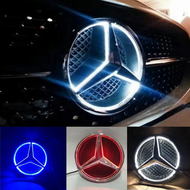 ホワイトブルーレッドライトカーフロントグリルスターエンブレム LED イルミネーションロゴ メルセデスベンツ W205 C E R ML GL GLA CLA CLS 2013-2016用