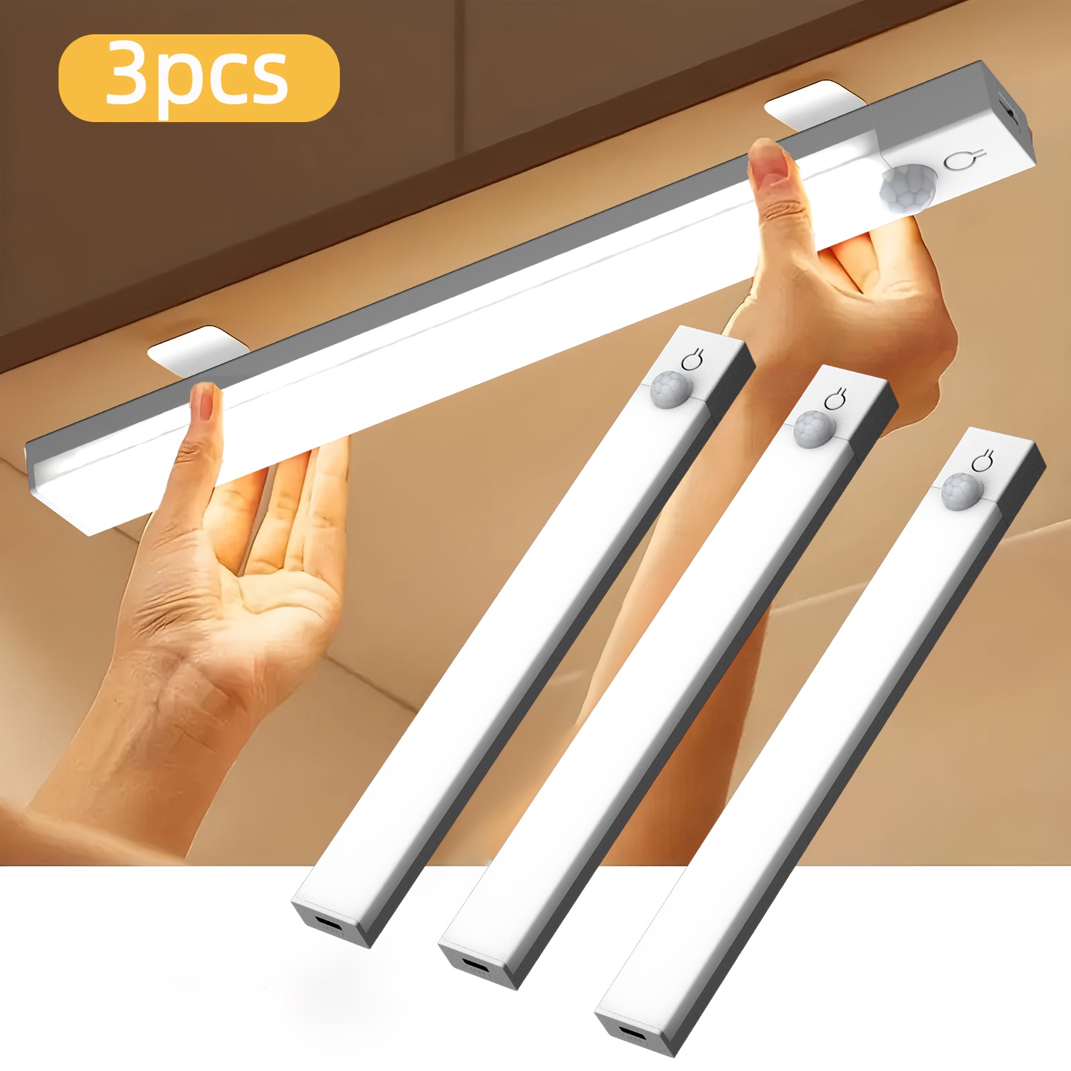 LEDモーションセンサー3個 - 調光可能なキャビネットライト、USB充電式、3色モード、ナイトライト、寝室、階段、キッチン、部屋用