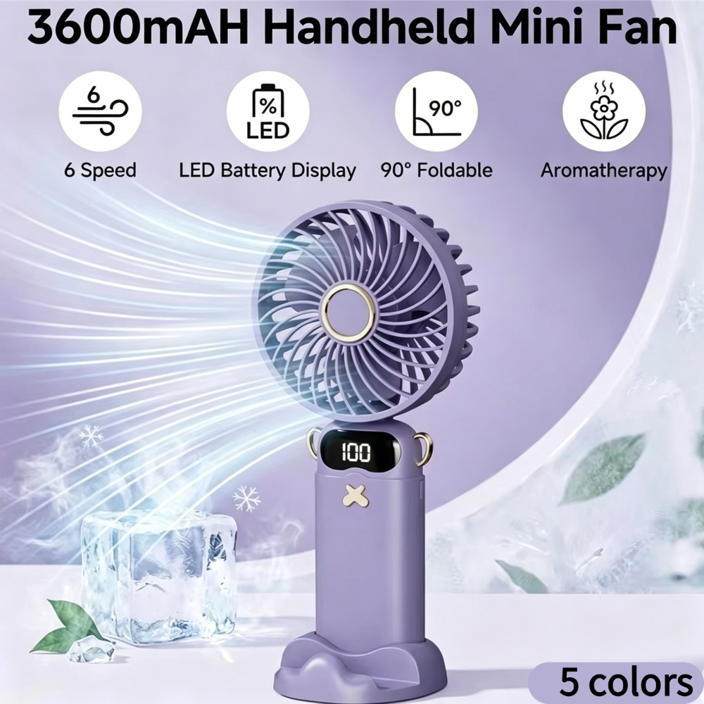 ポータブルハンドヘルドミニファン 6 スピード 90° 折りたたみファン LED デジタルディスプレイ 3600mAh 充電式冷却ファン 屋外旅行用