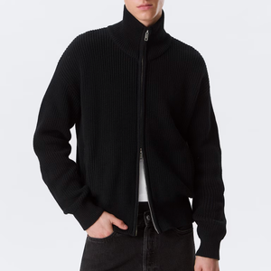 Contract-manufactured men's cardigan with a double zipper and chunky ribbed high neck, perfect for urban layering