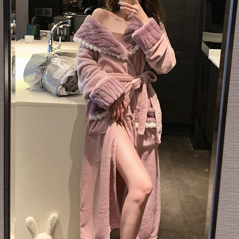 厚みのあるサンゴフリース着物バスローブガウン寝間着秋冬ナイトウェア女性暖かいホーム服プリンセススタイル部屋着