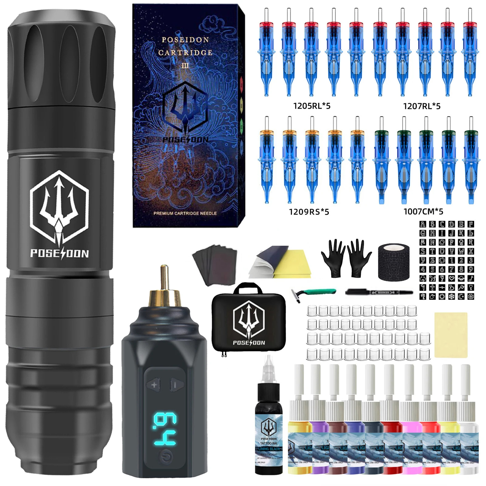 POSEIDON タトゥーガンキット タトゥー用品 メイクアップコンプリート タトゥーペンキット プロフェッショナルタトゥーキット ワイヤレスパワータトゥーマシンキット
