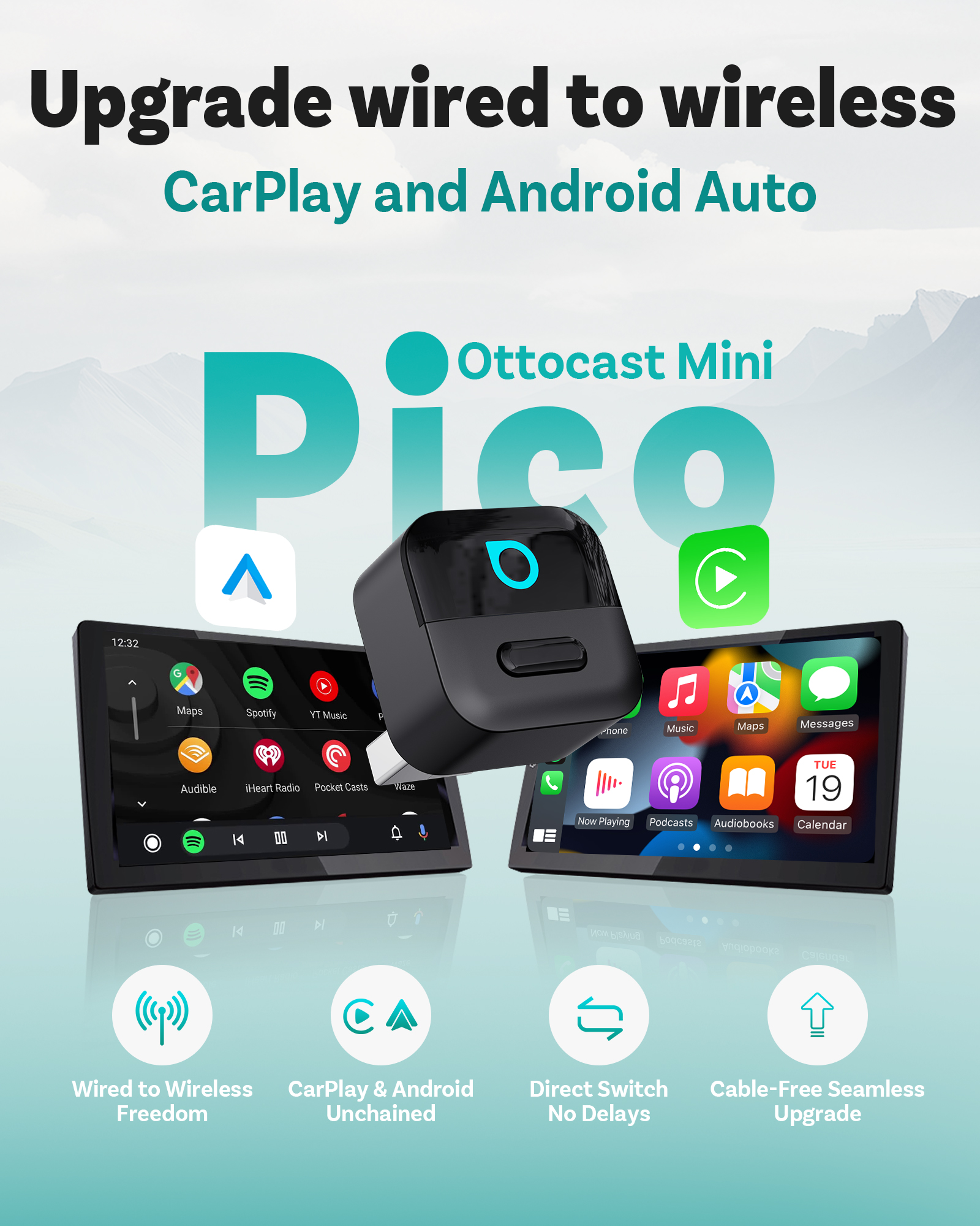 OTTOCAST Mini Pico 2in1 ワイヤレス CarPlay ワイヤレス Android Auto アダプター Wifi 6.0 プラグアンドプレイ ドングル 98% の車用