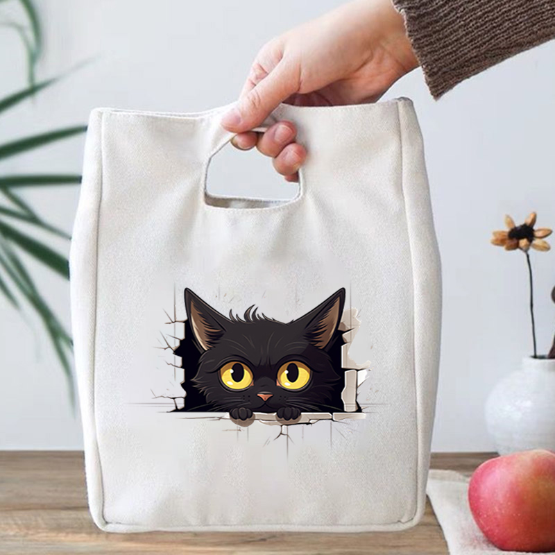 ポータブルランチバッグ漫画黒猫パターン食品サーマルボックスキャンバスハンドバッグ女性子供屋外断熱食品弁当ランチバッグ