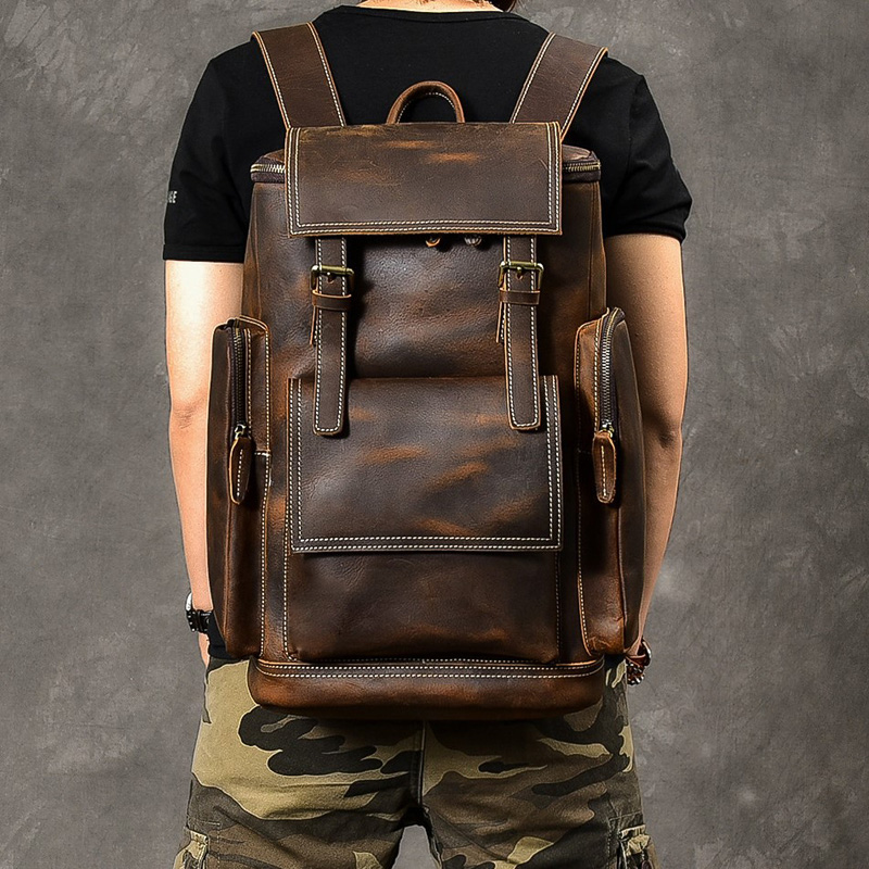 ヴィンテージクレイジーホース本革バックパック男性革 Bagpack 登山リュックサック男性大型ハイキングバックパック M814