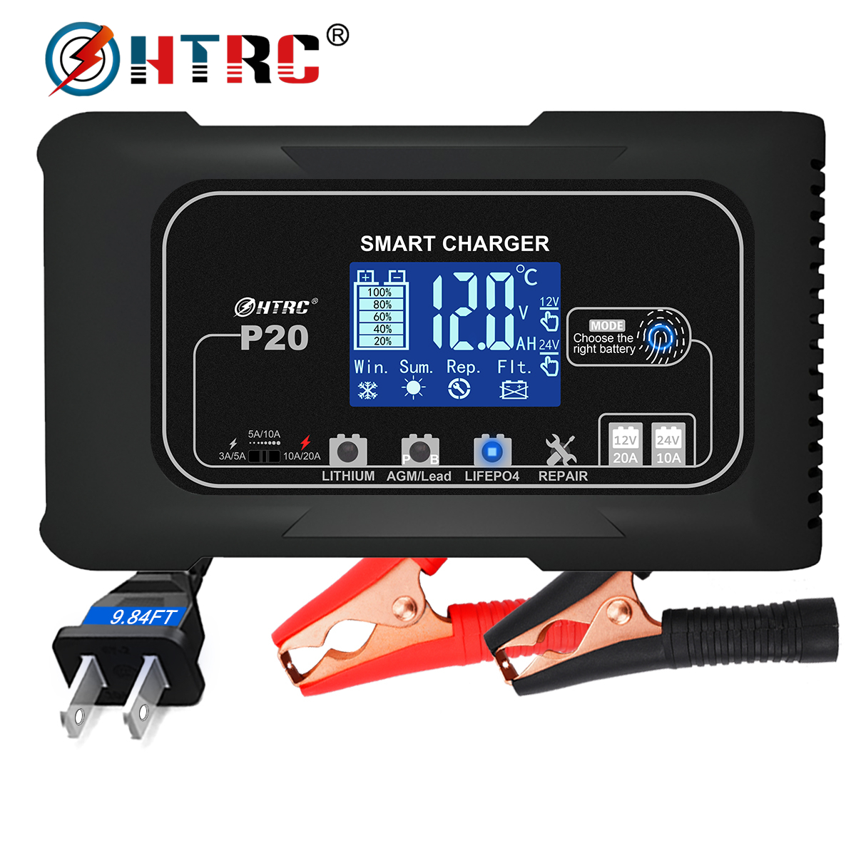 HTRC 15A/20A スマートバッテリー充電器自動パルス修理充電鉛酸リチウム LiFePO4 バッテリー車オートバイ充電器