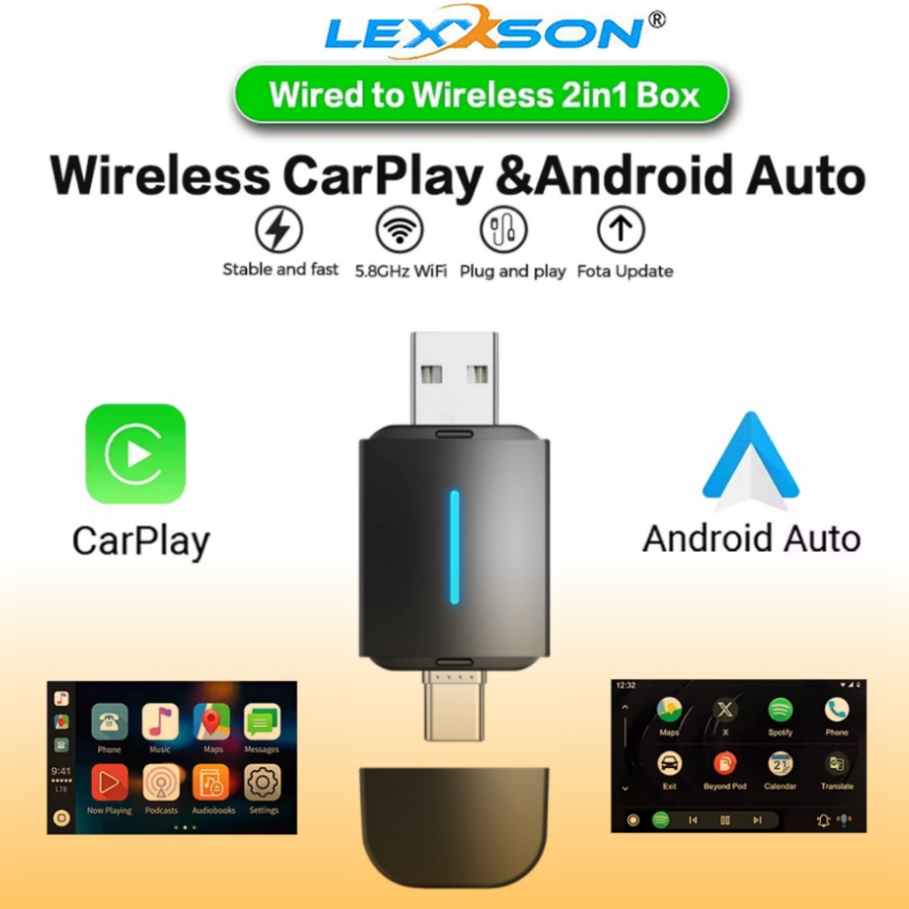 LEXXSON ワイヤレス CarPlay Android 自動 2IN1 ワイヤレスアダプタスマートミニボックスプラグアンドプレイ WiFi 高速接続ユニバーサル車ドングル