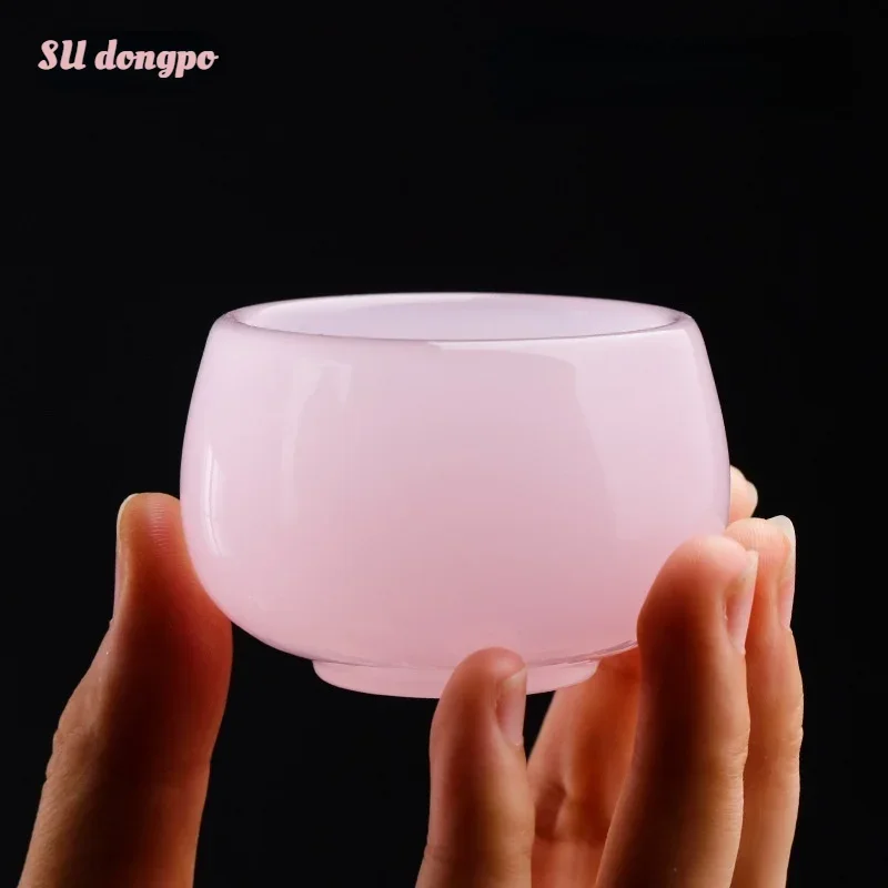 ハイビスカス翡翠磁器ティーカップピンク釉翡翠カンフーティーセット中国のレトロスタイルティーカップおもてなしゲストホームティーセットギフト