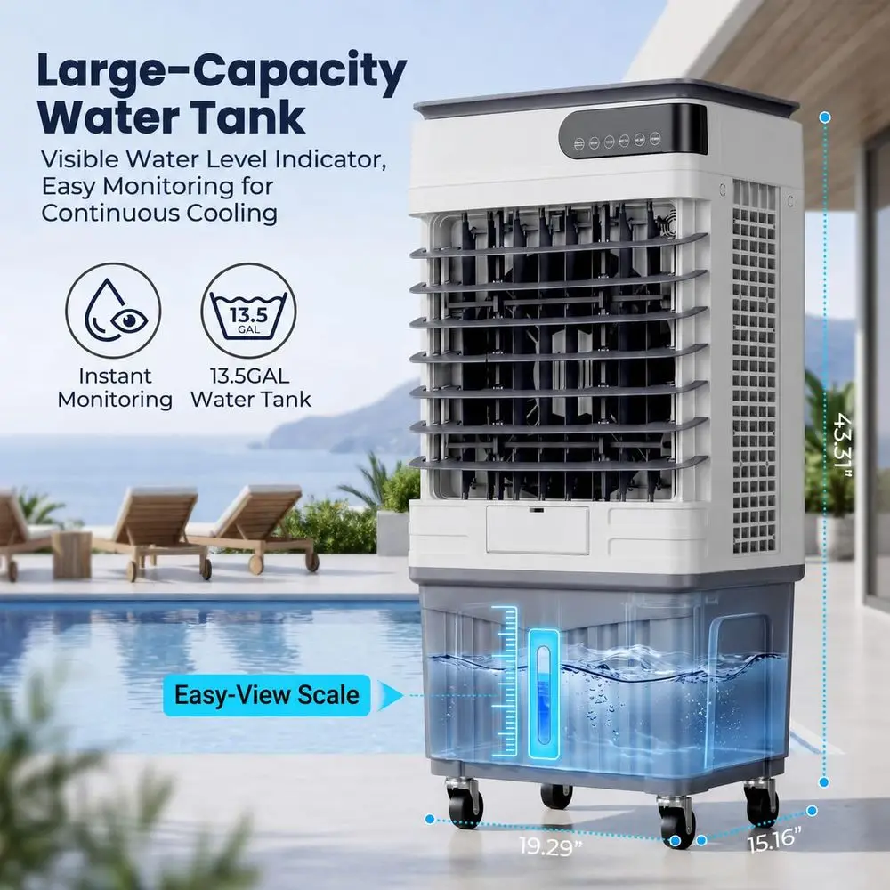 CFM スワンプクーラー、13.5 ガロンの水タンク付きポータブル蒸発空気クーラー、アイスパック 4 個、120 振動、3 スピード、12 時間タイマー、