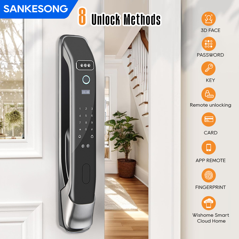 SANKESONG 3D 顔認識スマートロック、6068 ほぞ穴付き、5-in-1 生体認証指紋ドアロック [米国在庫]