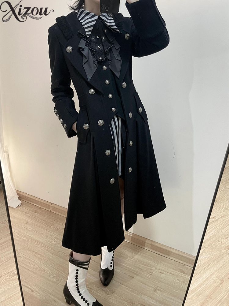 Ouji Lolita Batwing Trench Coat Waist Cinch Double Breasted Gothic Mid Length Unisex Y2K Harajuku Autumn Winter 2026 Wool Jacket