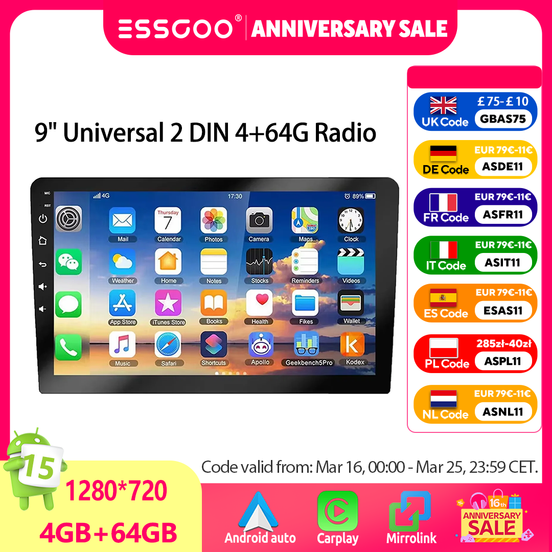 ESSGOO 9 インチ 2 DIN カーステレオラジオワイヤレス Carplay Android 自動車カーステレオ Bluetooth 64 グラム GPS ナビゲーション RDS WiFi USB FM DAB CAM
