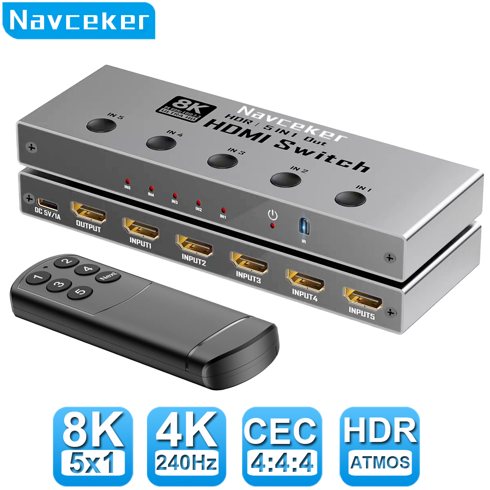 Navceker HDMI 2.1 スイッチャー 8K 4K 240Hz 3 In 5 入力 1 出力 HDMI スイッチ スプリッター リモート付き ラップトップ PC PS5 モニター Xbox TV用
