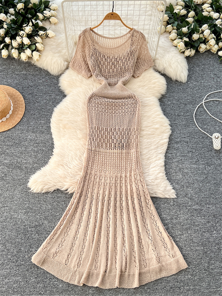 SINGREINY 休暇スタイルカジュアルドレススーツソリッドストラップショートサンドレスニット中空アウトロングドレス韓国女性ビーチセット