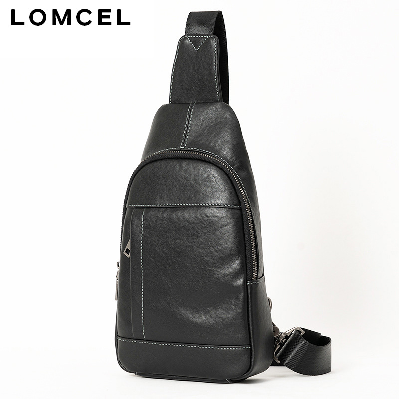 LOMCEL シンプルなメンズレザーチェストバッグ - 夏の新しいスタイルのファッションプレミアム牛革クロスボディバッグ、複数の仕切り付きメンズバッグ