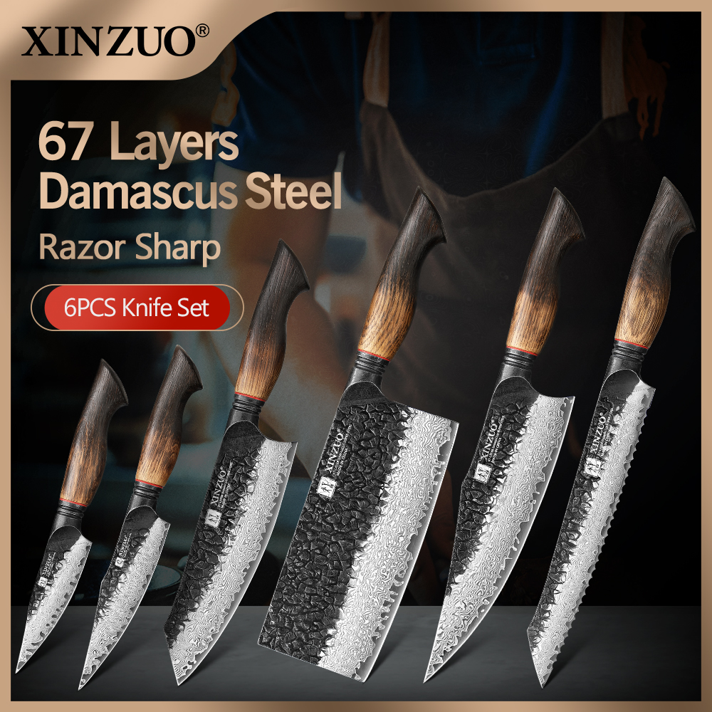 XINZUO 1-6 ピースダマスカスナイフセット 67 層鋼ホワイトオークレッド G10 ハンドル果物包丁三徳パンナイフ