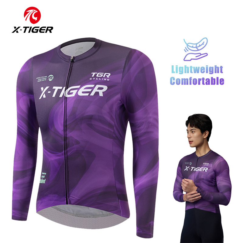 X-TIGER メンズサイクリングジャージ長袖通気性スリムフィットサイクリングトップスシャツマウンテンロードプロバイク服