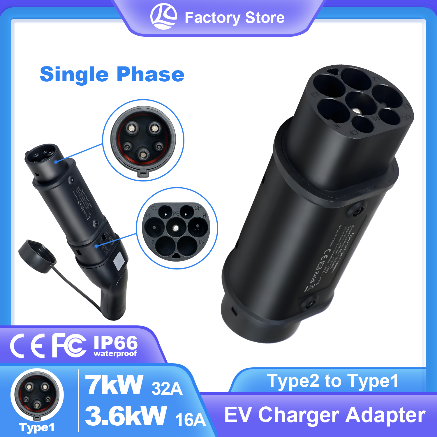 Kolanky タイプ 2 からタイプ 1 EV 充電アダプタ 32A 7.2KW IEC 62169 メスプラグに Sae J1772 オスソケット充電電気自動車