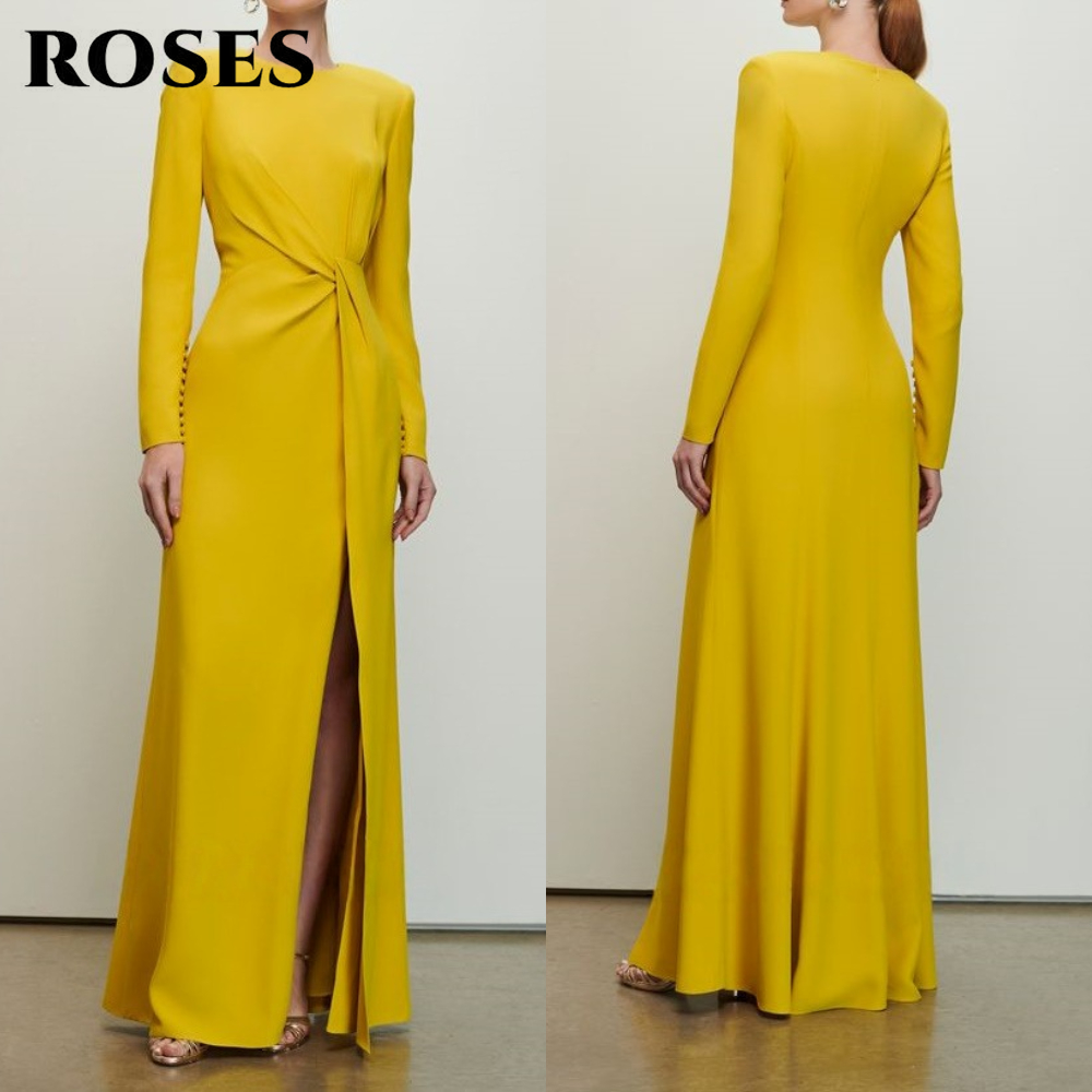 ROSES Vivid Yellow Prom Dress Round - Neck Long Sleeves Satin Formal Prom Dress with Front Twist and Slit فساتين سهره Customized