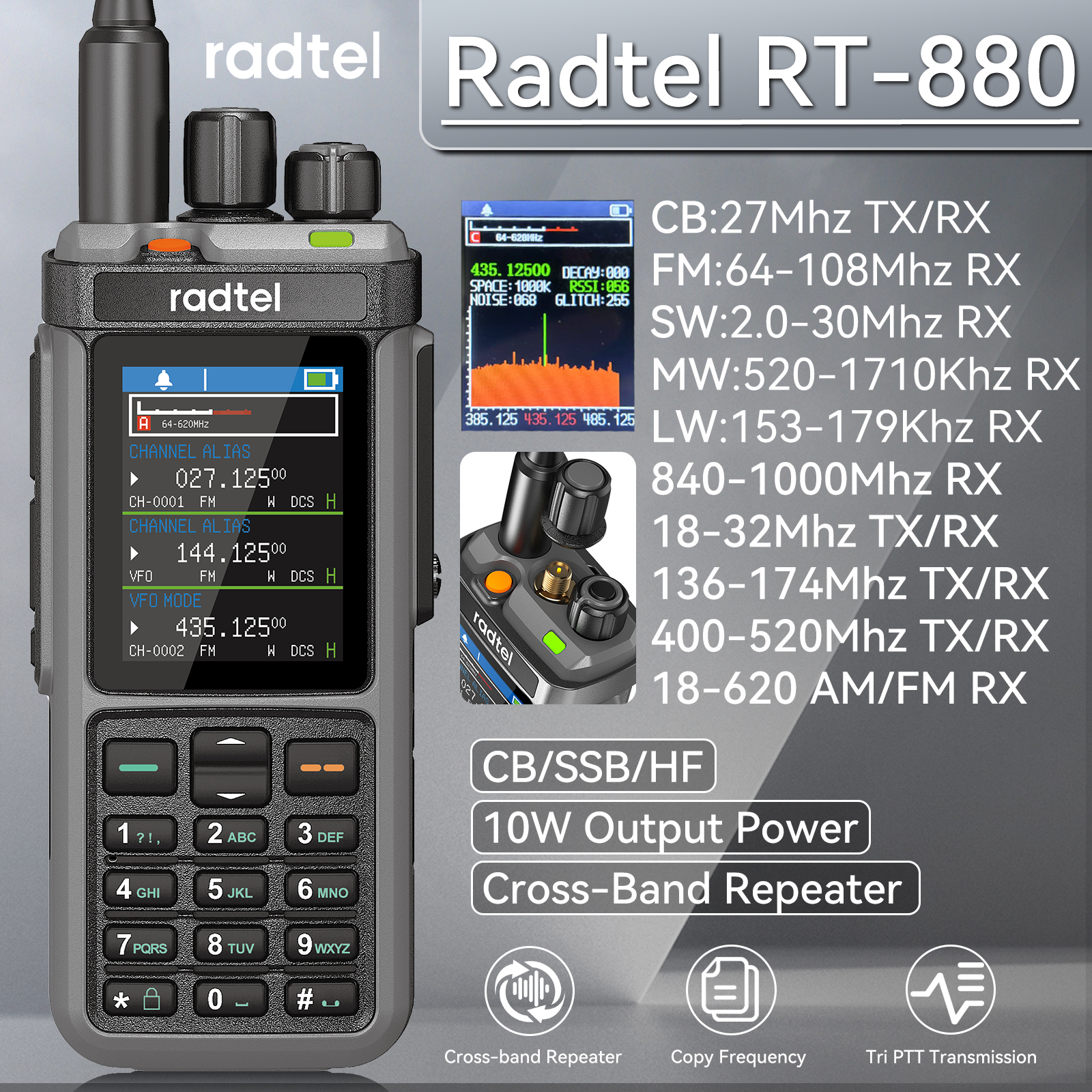 Radtel RT-880 10 ワット マルチバンド ハム ラジオ HF UHF VHF AM USB LSB CW CB LW MW SW SSB 、1024 チャンネル、クロスバンド リピーパー
