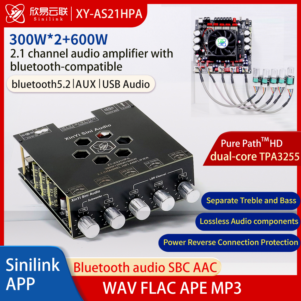 AS21 TPA3255 Bluetooth 5.2 2.1 チャンネルパワーオーディオステレオサブウーファーアンプボード 300WX2 600 ワット高音低音チューニングアンプ
