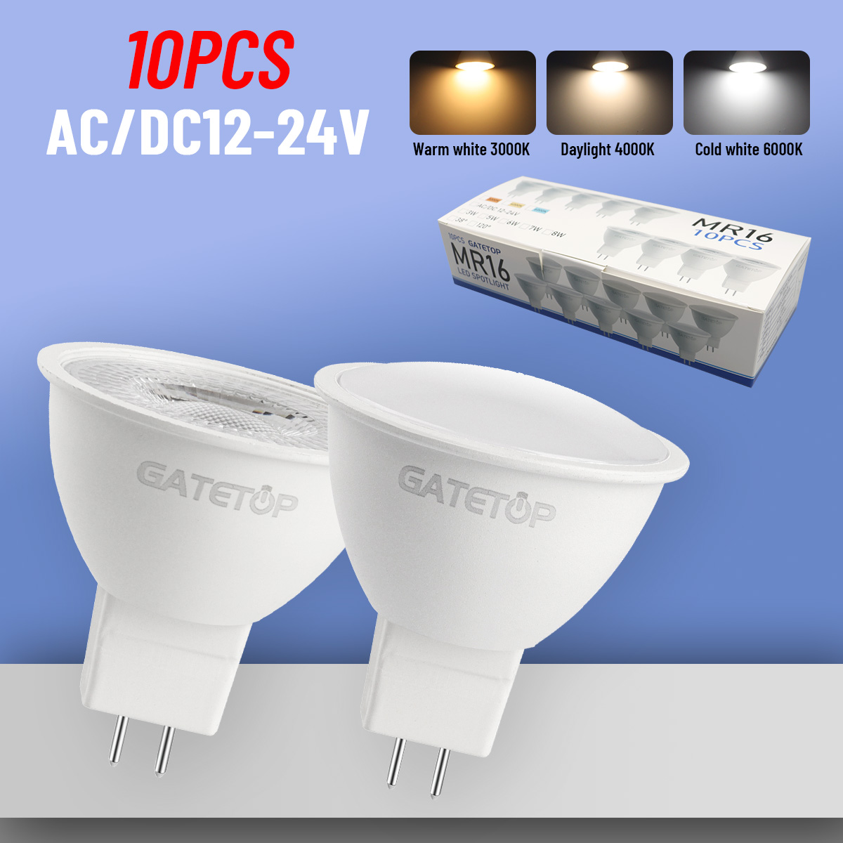 10個のMR16 LEDスポットライト、7W、GU5.3ベース、12～24V AC/DC、3000K/4000K/600Kアンチグレア、レストラン、バー、庭園照明に使用