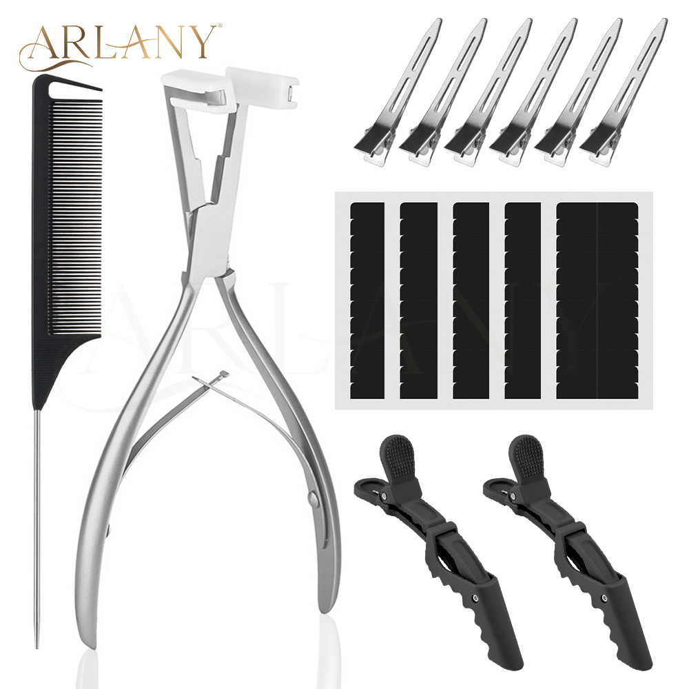 ARLANY テープインヘアエクステンションツールキットヘアシーリングプライヤー 60 タブ両面テープテープインエクステンションマットワニ口クリップ