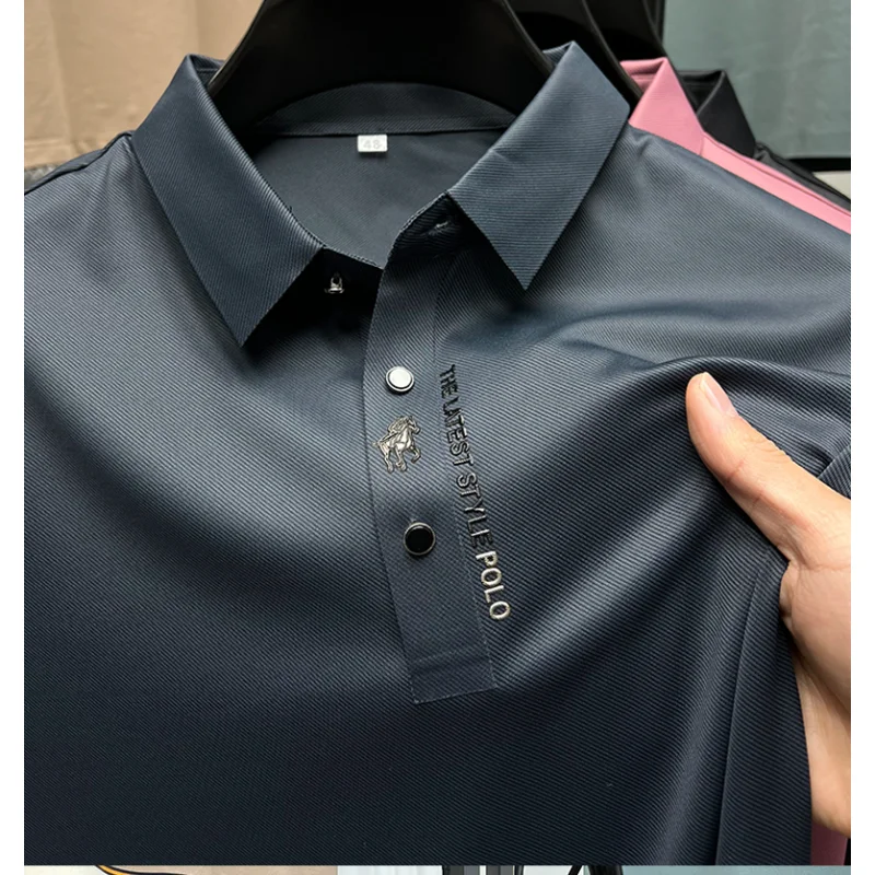 ハイエンド真新しい夏無地シルクコットン高品質半袖ポロメンズファッショナブルなビジネスシームレスカジュアルトップ