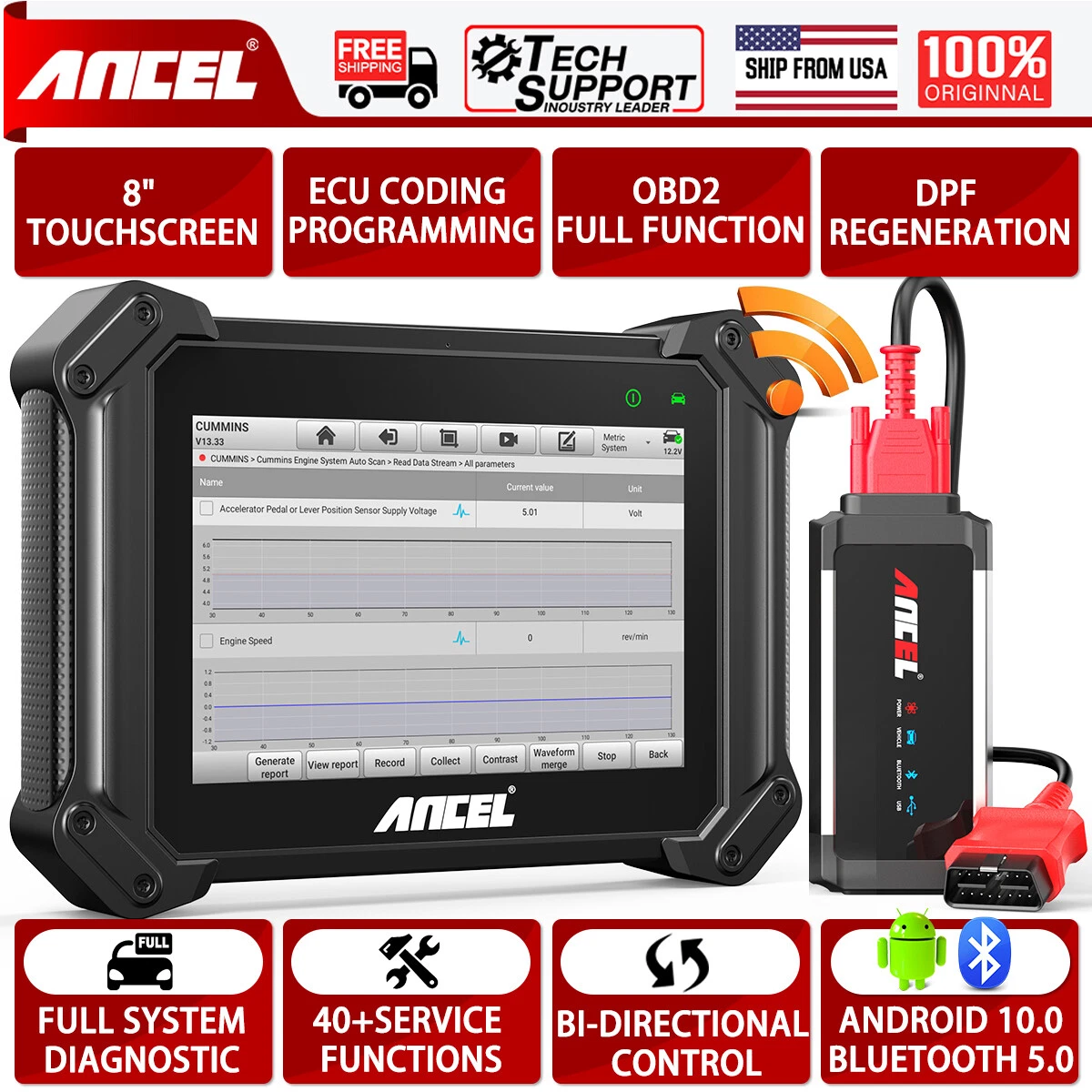 8 インチ大型トラックスキャナ DPF 再生雨診断ツール ECU コーディング カミンズ デトロイト キャタピラー ANCEL V6HD 40 リセット用