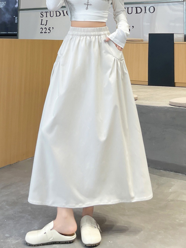 ファッション女性ロングスカートルーズポケットハイウエストプレッピースタイル甘いスカート春夏シックなカジュアル韓国女性ロングスカート