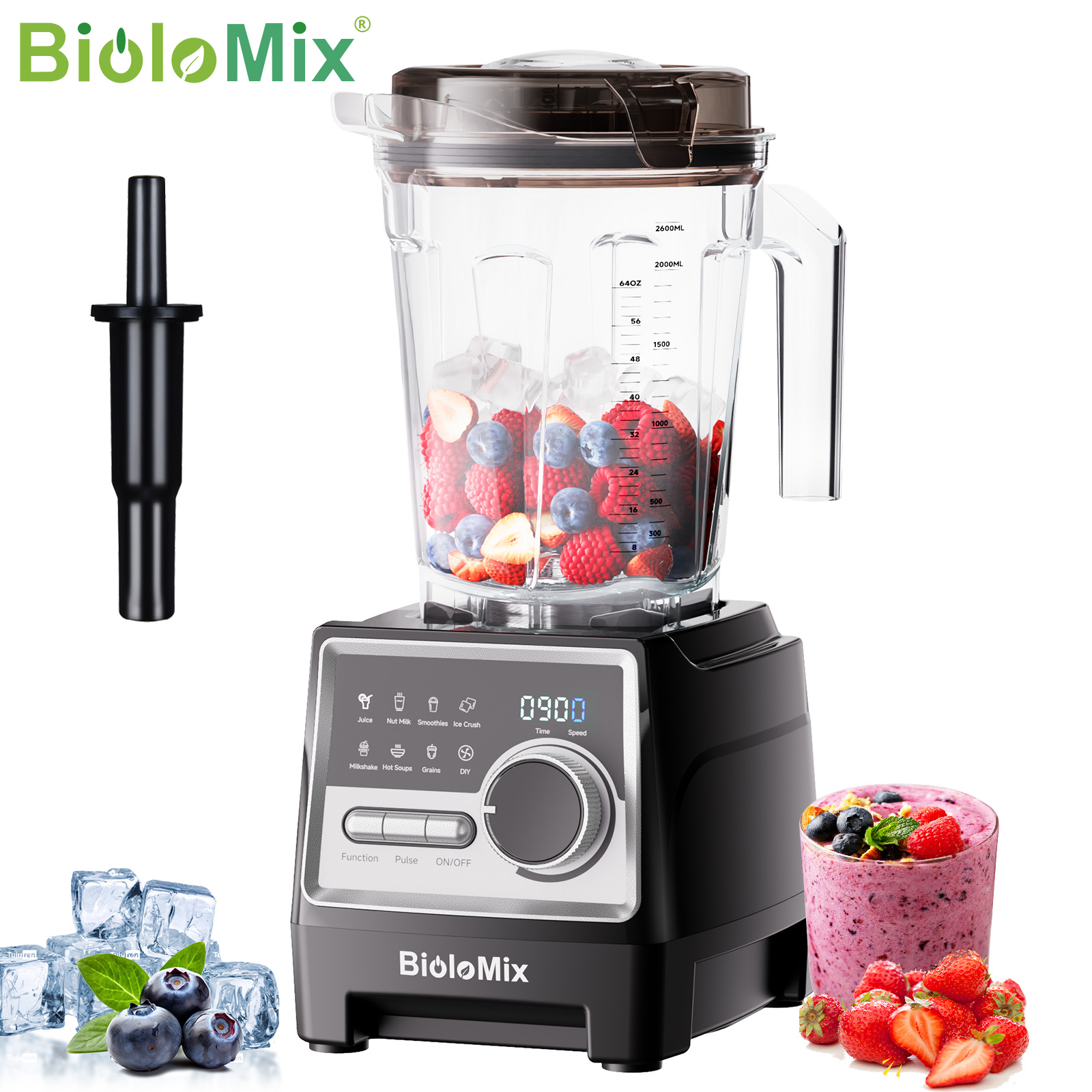 BioloMix 1500W プロフェッショナルブレンダー 2.6L BPAフリージャー 6枚ブレード付き、スムージー、シェイク、ナッツミルク用の7つのプリセットプログラム