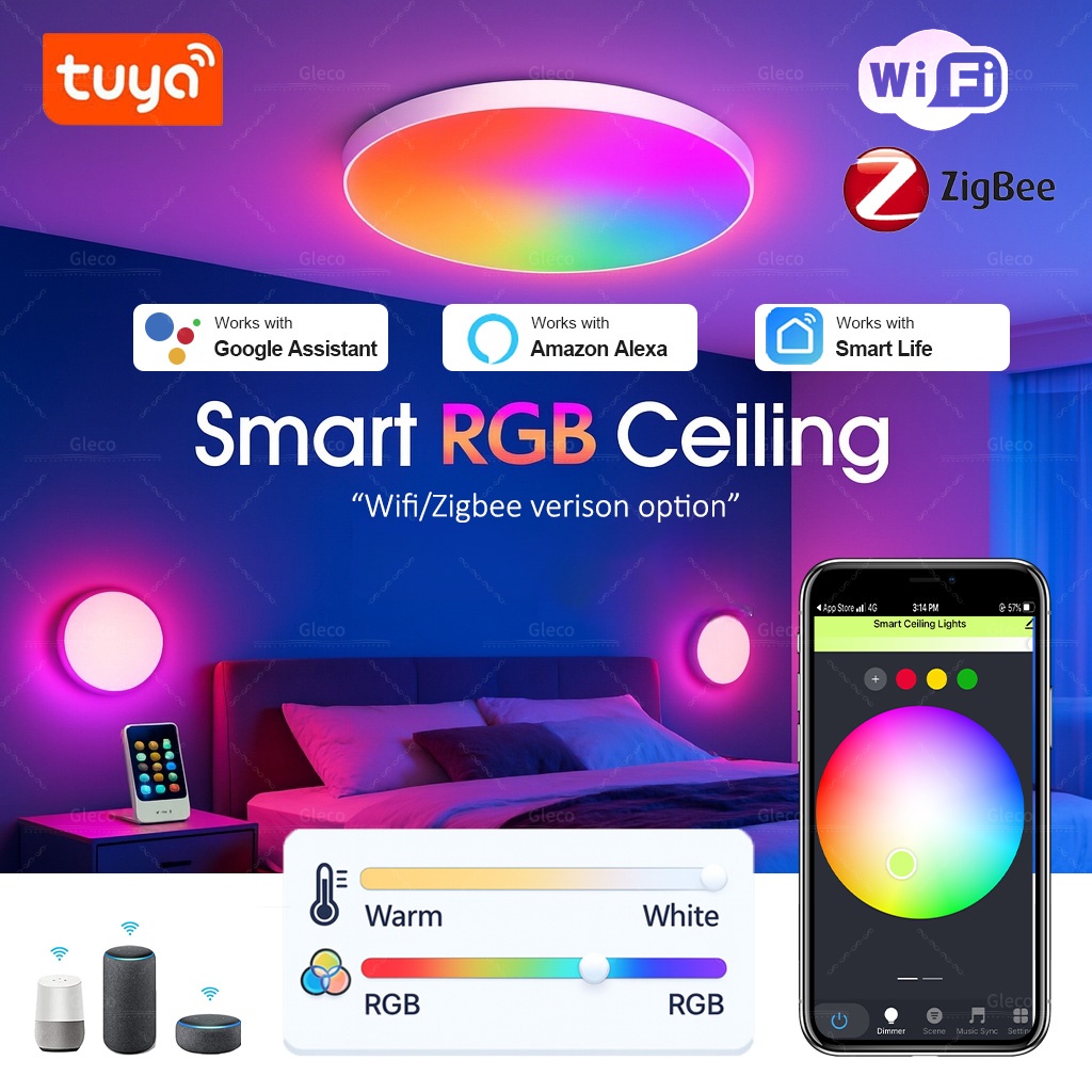 Tuya Wifi/Zigbee シーリングライト RGBCW Led シーリングランプリビングルームホームデコレーションスマートランプスマートライフアプリ Alexa Google ホーム