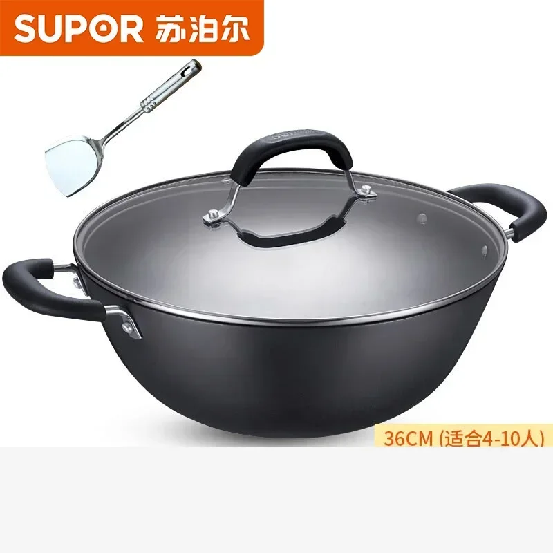 大釜鋳鉄鍋調理器具ガス電磁調理器ユニバーサルノンスティック中華鍋 36 センチメートル両耳鋳鉄鍋コーティングなし