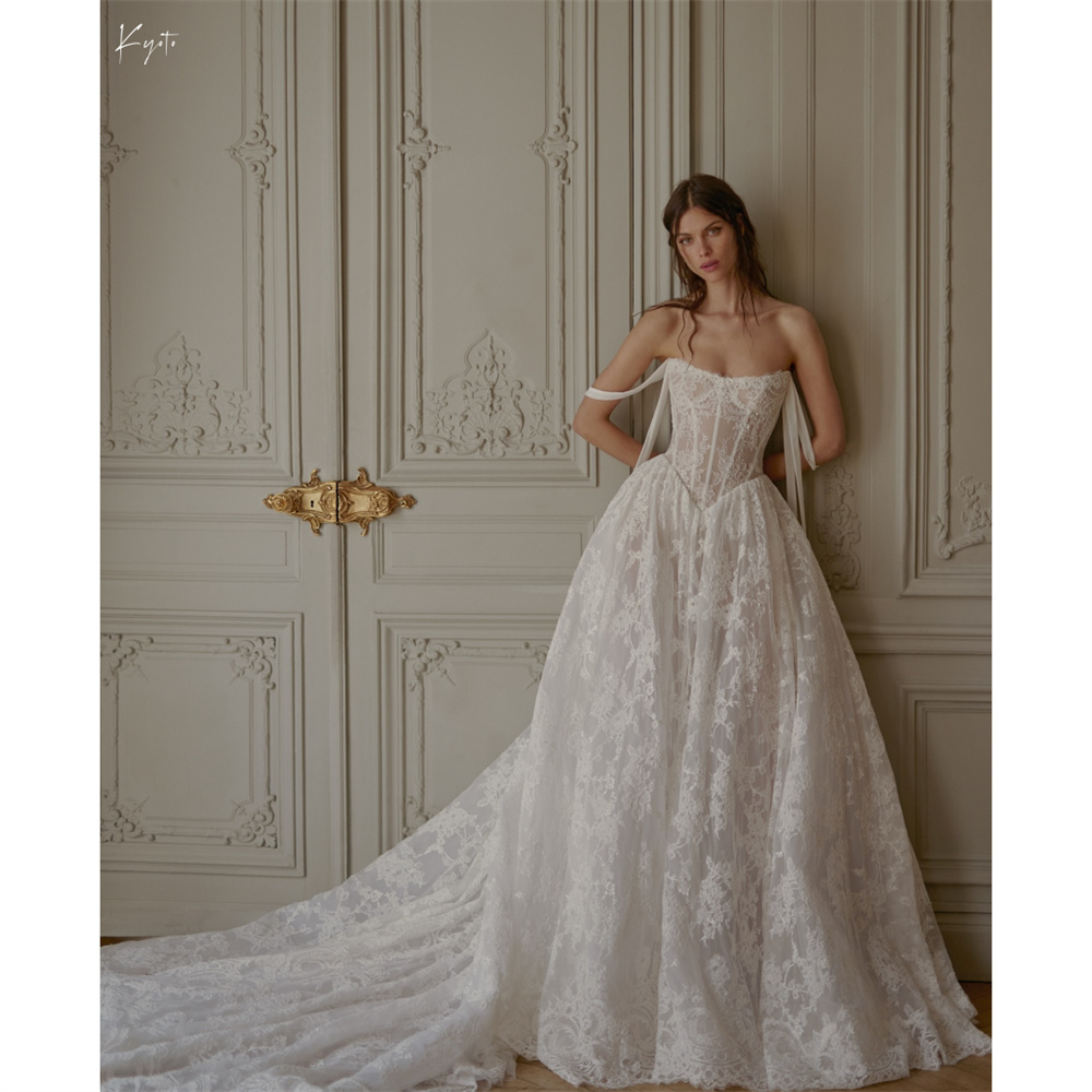 京都カスタマイズアイボリーレースアップリケオフショルダーウェディングドレスAラインロングトレーンvestidos de noviaジップバックフォーマルイブニング2025