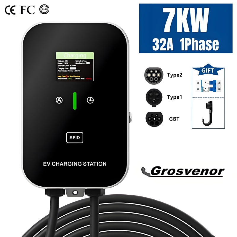 新しい 7KW Type2 電気自動車充電器 32A EV 充電ステーション Type1 GBT EVSE ウォールボックス 1 相 EV 充電器スクリーンカード付き